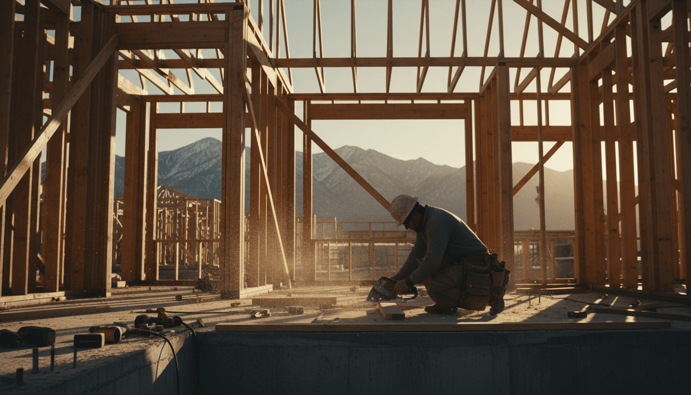Construction worker building wooden frame structure on a Bishop job site