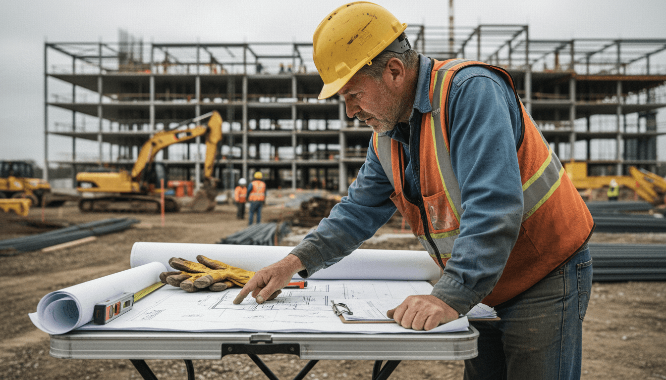Construction professional reviewing building plans at a job site