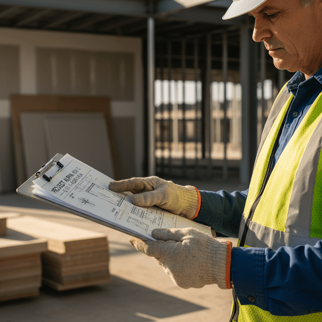 Construction manager reviewing plans on active project