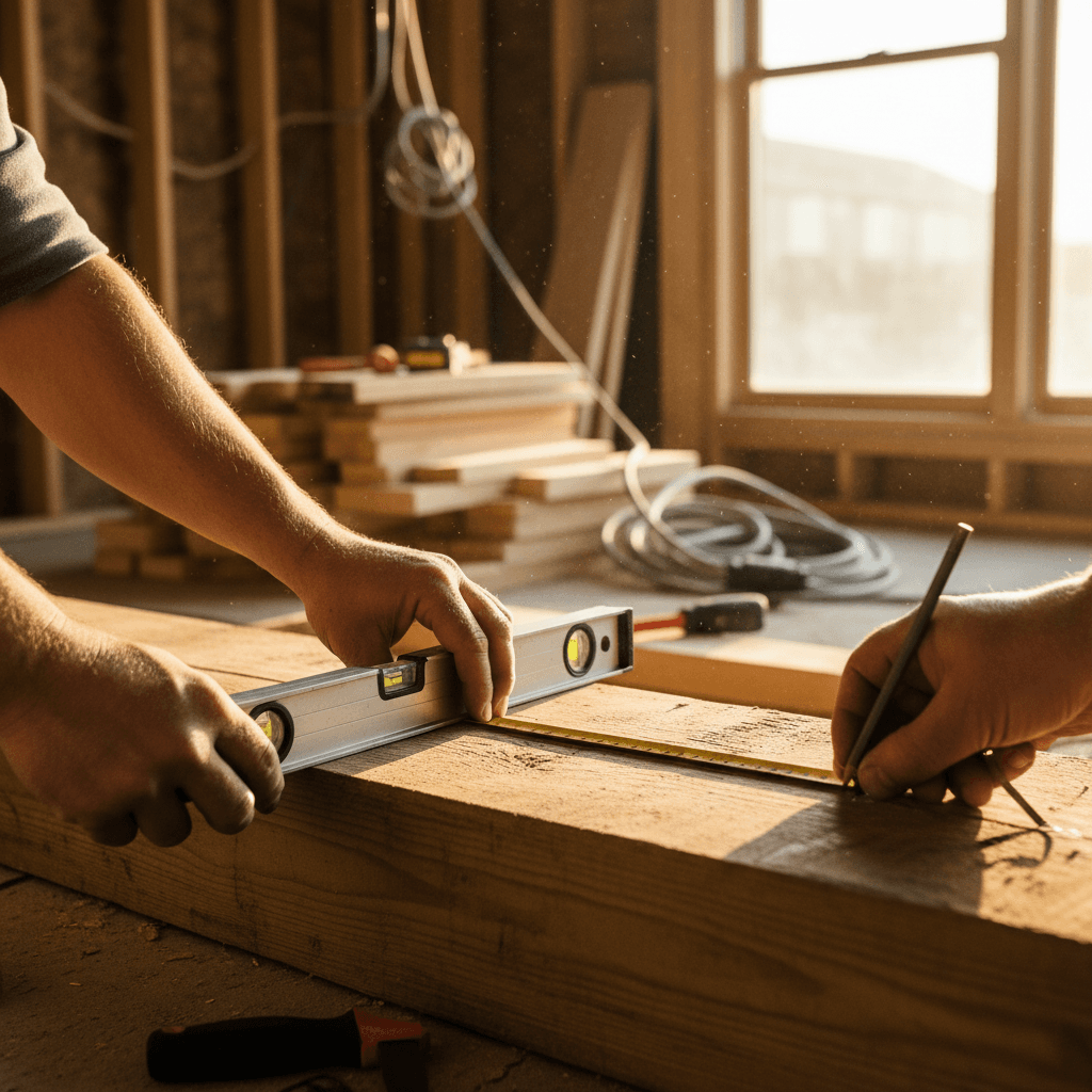 Construction worker holding framing square on lumber