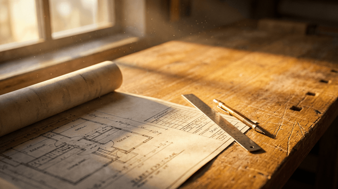 Construction team reviewing project blueprints on-site