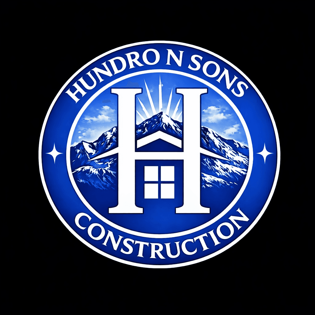 Blue Hundro N Sons Construction logo featuring a white H house icon and snowy mountains.